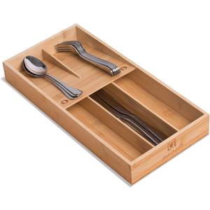 guiogc Bamboo Silverware Organizer, Kitchen Silverware Drawer Organizer, Utensil Tray Holder, Cutlery Tray for Spoons, Forks, Knives (Double Layer-Medium)
