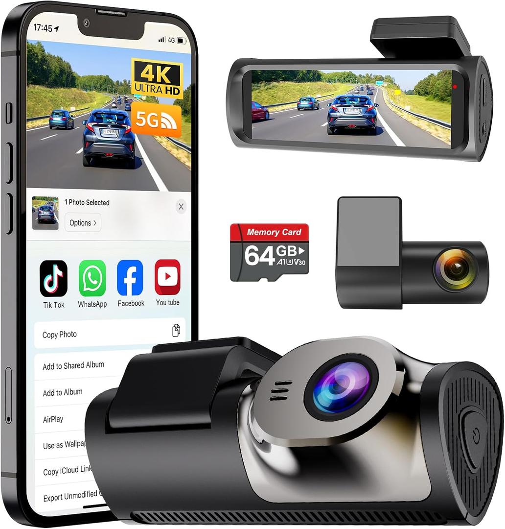 Dash Cam Front and Rear, 3" IPS Dash Camera for Cars, Car Camera 4K Front & 1080P Rear, 5GHz WiFi&APP dashcams, G-Sensor, Night Vision, 24/ 7 Parking Monitoring, Loop Recording, free64GB, Wide Angle Car DVR