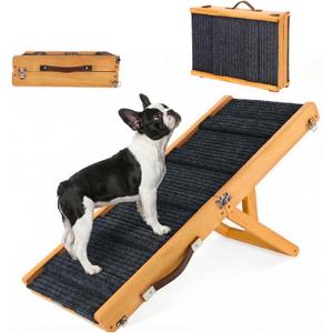 Drakthos Dog Ramp Dog Stairs for Small Dogs Foldable Dog Ramp with 4 Adjustable Heights from 7.48'' to 15.35" Wood Pet Ramp with Non Slip Carpet Portable Puppy Ramp for Couch, Sofa, Low Bed