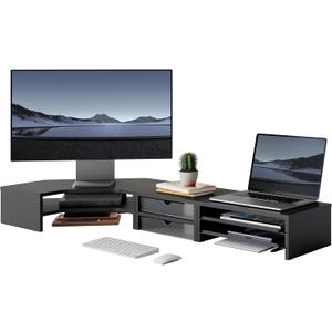 Fenge Dual Monitor Stand, Corner Monitor shelf with Drawer and Slide-Out Tray, 2 Tier Triangle Monitor Riser with Storage, Desk Shelf Organizer for Desk, Home Office, Computer, Laptop, Printer (Black)