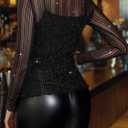Women's Mesh Sheer Striped Mock Neck Long Sleeve Club Blouse Shirt Top (L)