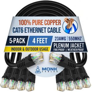2 x MONK CABLES | CAT6 Ethernet Cable | 100% Pure Copper | Pack of 5 | Plenum Rated | UTP, 23AWG, 550MHz | DSX-8000 Certified | Most Certified Cable of The Whole Market (Black, 4ft)