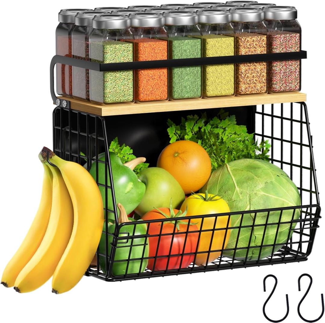 Ofiray-home Magnetic Shelf for Fridge with Wood Lid, Fruit Potato and Onion Storage Bins, Pantry Organizers & Storage, Large Container Magnetic Spice Rack for Refrigerator, Kitchen Counter (Black, 1)