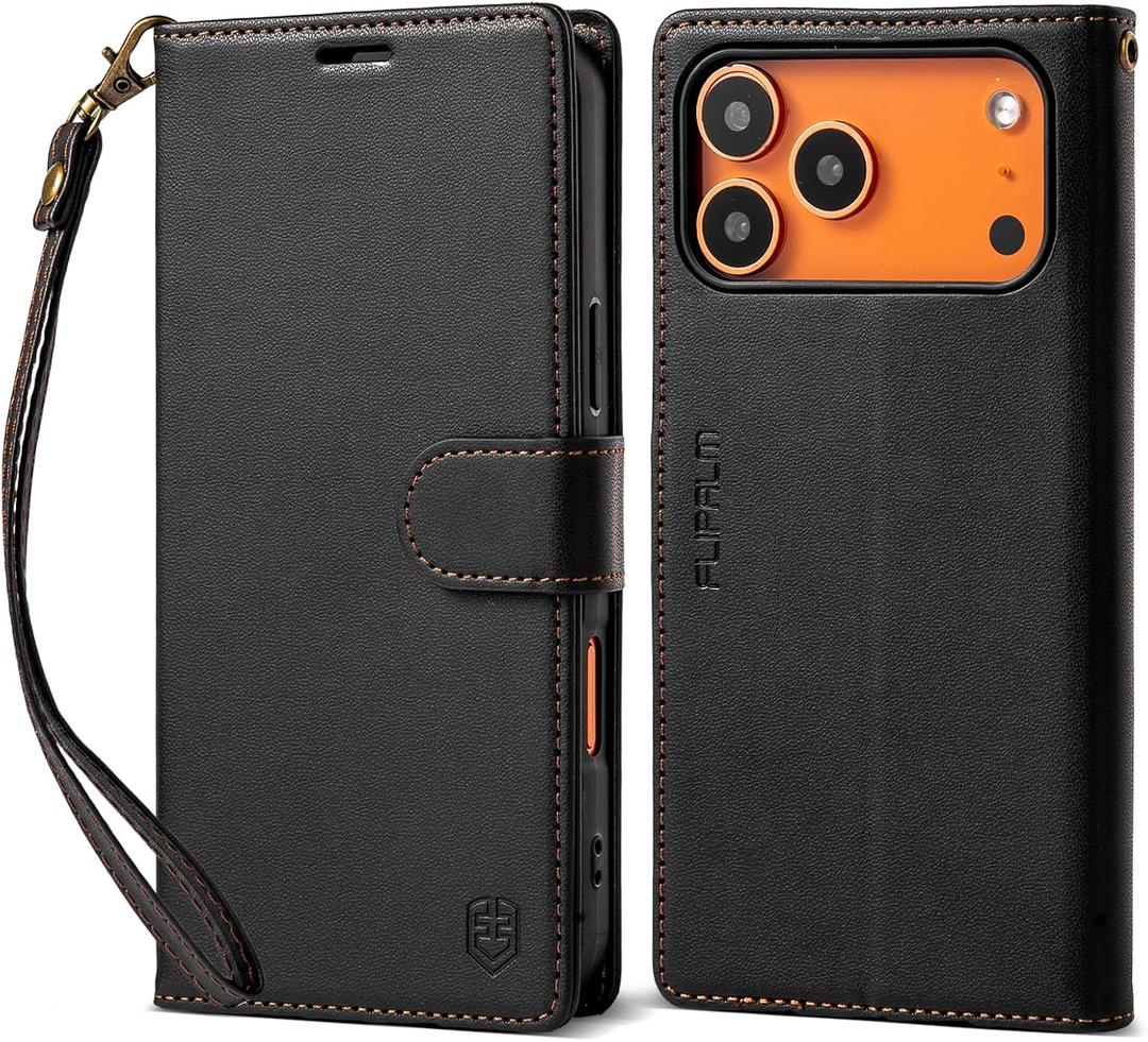 FLIPALM Wallet Case for iPhone 17 Series with Wrist Strap - PU Leather Folio Flip with Credit Card Holder & Kickstand, Protective Cover (Black, for iPhone 17 Pro Max)