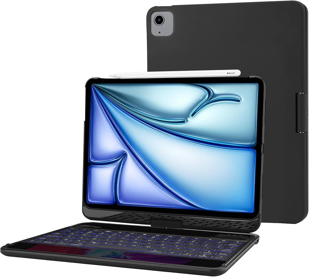 ProCase 360 Swivel Keyboard Case for iPad Air 11" (M4/M3/M2) 2026/2025/2024, Air 10.9" 5th/4th 2022/2020, iPad Pro 11" (2022-2018); 7-Color Backlit Wireless Keyboard, Auto Sleep/Wake - Black