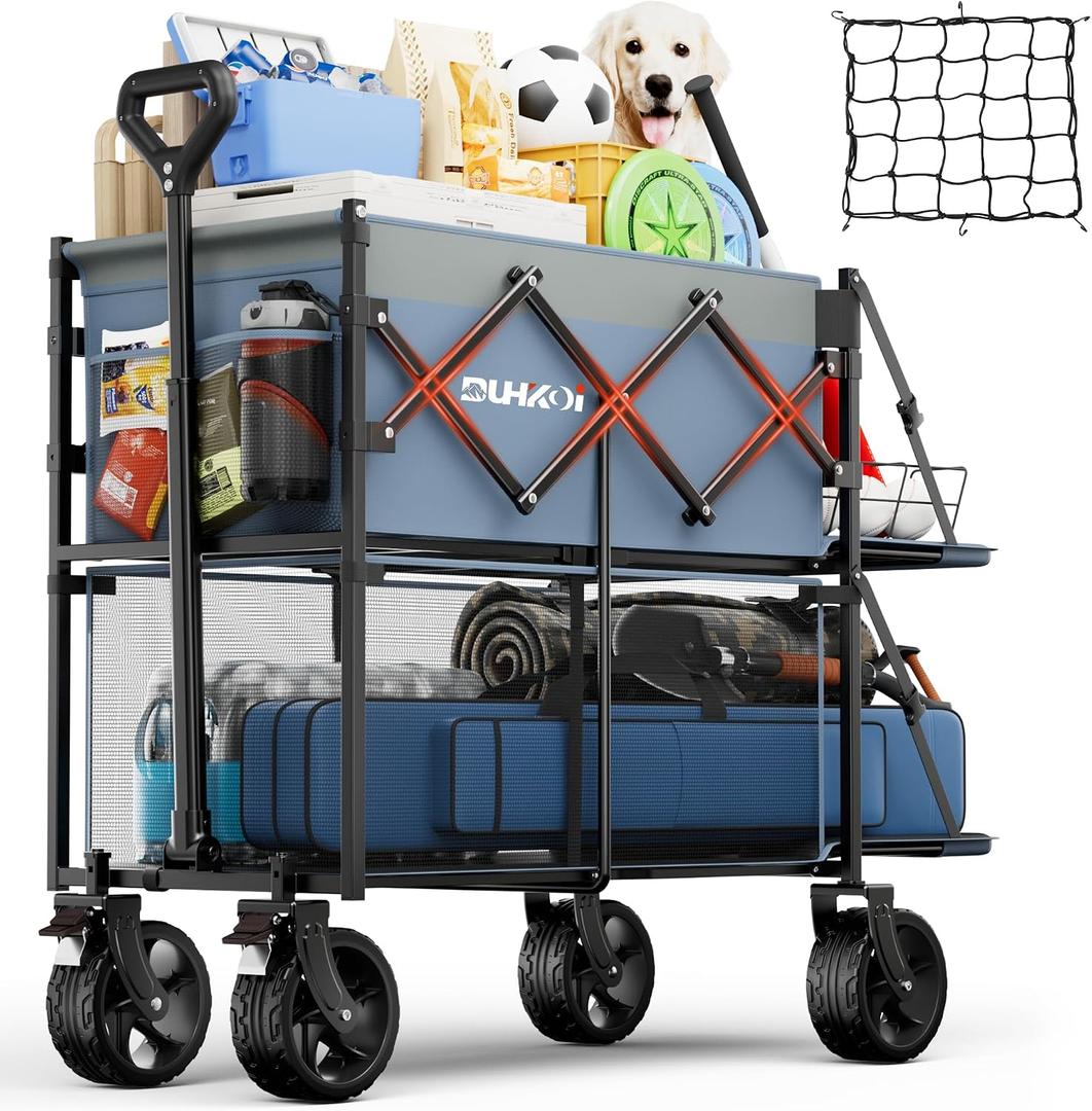 Double Decker Collapsible Wagon with Brakes,Compact with Tailgate