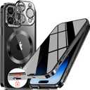 [CD Metal Ring & Safety Lock Full Body Privacy Case for iPhone 14 Pro Max [Compatible with MagSafe] [Integrated Lens Protection] Slim Metal Plating Bumper Clear Double-Sided Cover-Black
