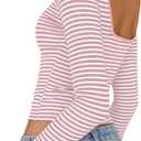 Long Sleeve Shirts for Women Sexy Backless Striped Tops Going Out T-Shirt Y2K Crop Womens Blouse Boat Neck Outfit (Medium, Pink)