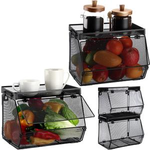 2 Pcs Stackable Mesh Fruit Basket with Lid Wall Produce Vegetable Storage Basket Onion Potato Snack Hanging Metal Wire Container for Kitchen Counter Pantry(Removable,Black,7.1" w & 11.8" l)