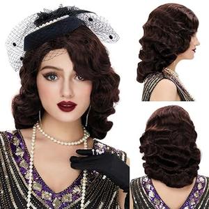 Brown 1920s Wig for Women Long Finger Wave Vintage Wigs Lady Synthetic Cosplay Costume Wig