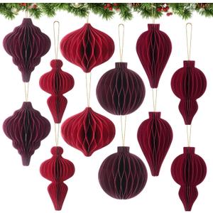 Watersay 12 Pcs Christmas Paper Honeycomb Ornaments Neutral Paper Lantern Ornament Vintage 3D Hanging Honeycomb Balls for Christmas Tree Party Decorations (Red Tones)