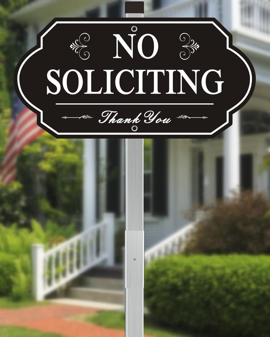 Heavy Duty No Soliciting Sign for House - All Metal Construction No Soliciting Yard Sign - 14" x 7" - Aluminum - with 28" Long Stake (Black)