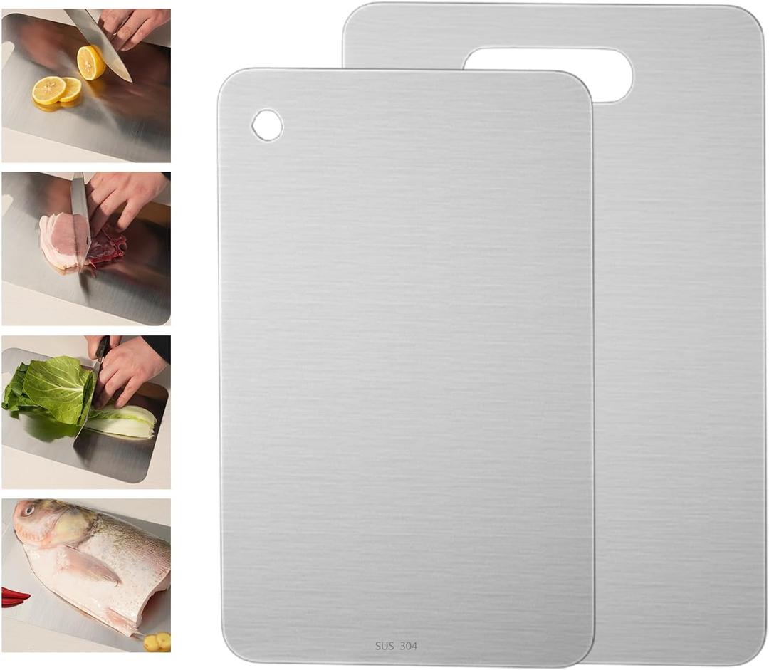 2 Packs Stainless Steel Cutting Board for Kitchen, 304 Steel Non Stick Metal Chopping Cutting Board by YAAHEIJA for Meat Fruit & Vegetable (13.4 x 9, 11.8 x 7.9 in)