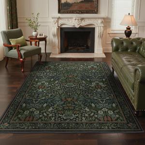 GENIMO 5x7 Washable Area Rugs for Living Room, Non Slip, Dark Green | Vintage Boho Floral Low Pile Thin Carpet for Bedroom, Dining Room, Nursery, Indoor Decor