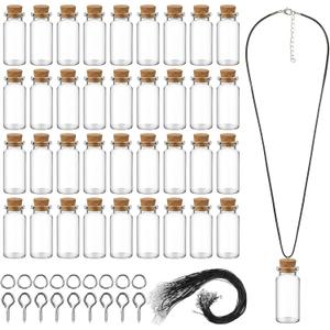 Sawysine 50 Pcs 10 ml Mini Glass Bottles with Cork, Tiny Wishing Bottles with 50 Pcs Black Waxed Cord,100 Pcs Eye Screws and 100 Pcs Clasp Rings,for DIY Crafts Container Necklace Jars