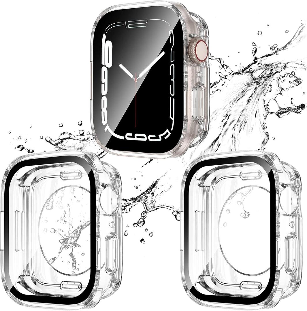 2 Pack 2 in 1 Waterproof Case for Apple Watch Series SE 6 5 4 40mm, Straight Edge PC Front & Back Bumper with Tempered Glass Screen Protector 360 Protective Cover for iWatch (40mm, Clear/ Clear)