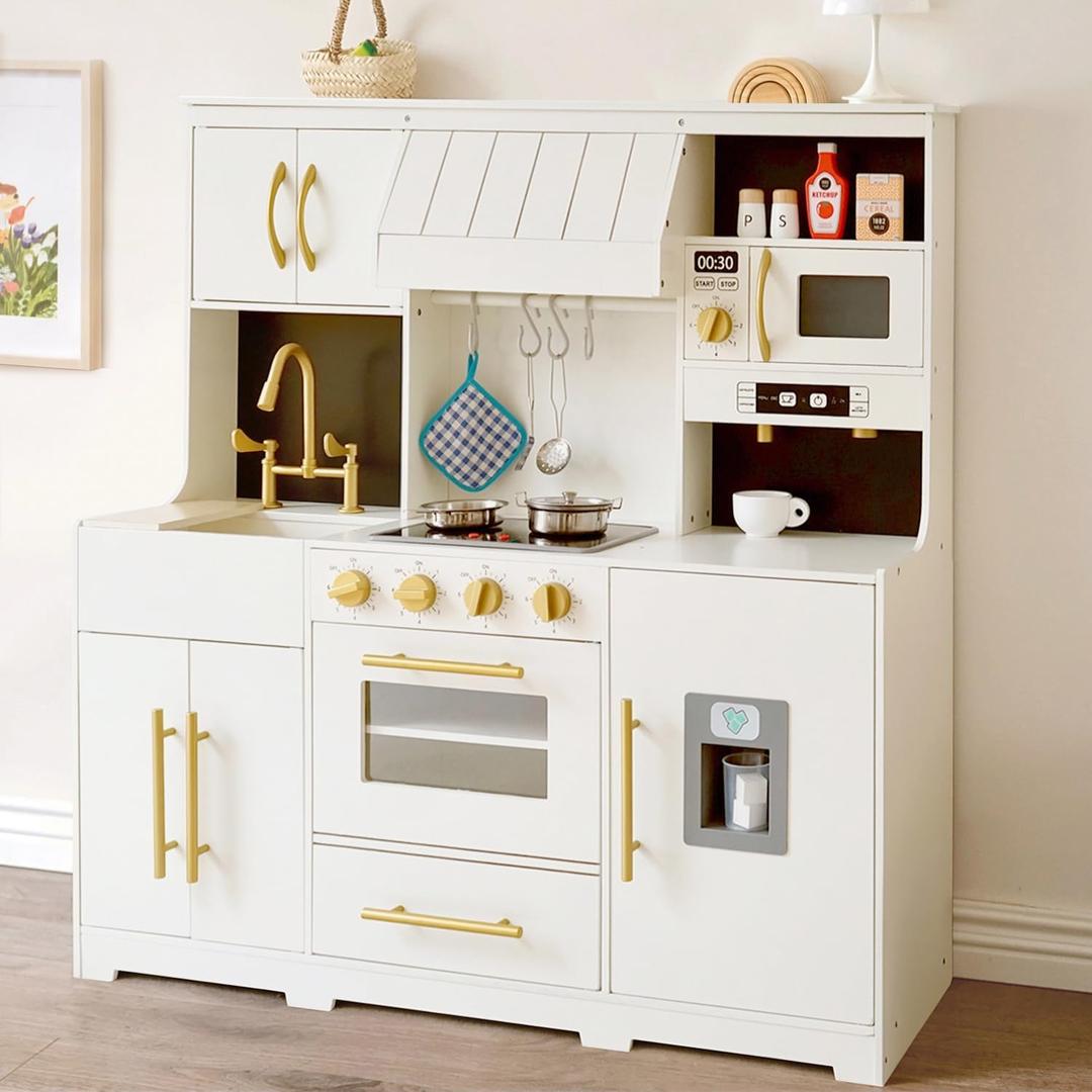 Play Kitchen for Kids with Various Interactive Toddler Kitchen Play Features and 19 Pcs Pretend Wooden Kids Kitchen playset Accessories, Toy Kitchen Set for Boys and Girls Ages 3+