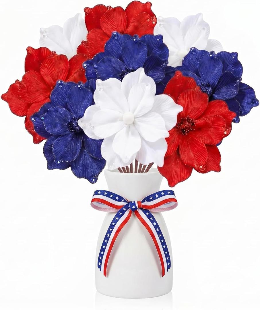 9 Pcs Red White Blue Poinsettia Flowers 4th of July Memorial Day Patriotic Flowers Artificial 250th Anniversary Christmas Tree Picks for Veterans DIY Table Centerpiece Vase Filler Party Decorations