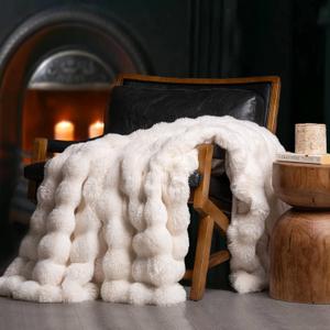 EverGrace Ultra Soft Luxury Fluffy Faux Rabbit Fur Throw Blanket, Thick Warm Bubble Throw for Bed, Cozy Plush Reversible Blankets for Couch, Chair, Sofa, Ivory White, 90x90 Inches