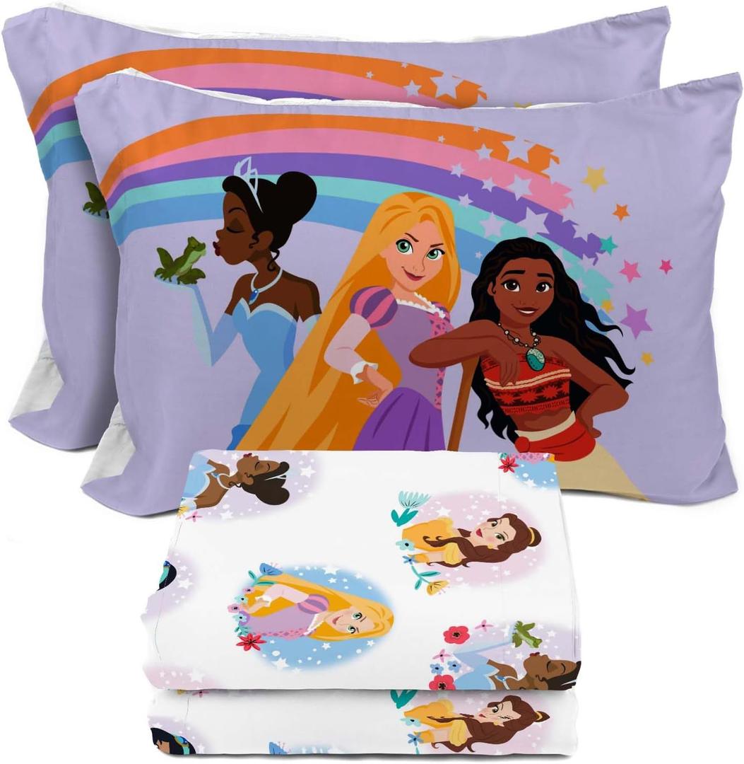 Sunny Side Up Disney Princess Full Sheet Set - 4 Piece Kids Bedding Set Includes Pillow Cover - Super Soft Rainbow Microfiber Sheets Moana, Belle & Rapunzel