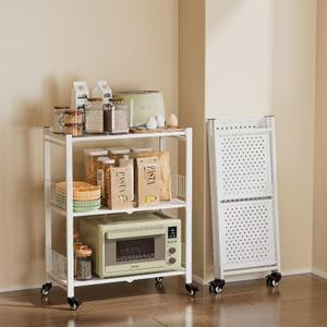 Folding Storage Shelves, 3-Tier Metal Foldable Shelf Shelving Rack Organizer On Rolling Wheels in Kitchen Warehouse Patio Pantry Basement Collapsible Shelves No Assembly (White, 3-Layer)