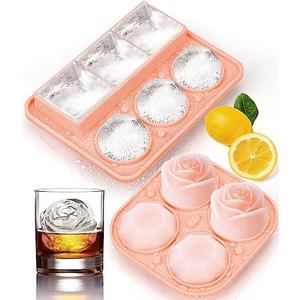 Ice Cube Tray with Lid, Silicone Ice Molds with Round, Square, Diamond, Rose, Large Ice Cube Mold for Whiskey, Bourbon, Cocktails, Easy Release BPA Free, Set of 2