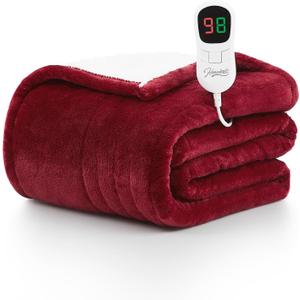 Homemate Heated Blanket Electric Throw - 50"x60" Heating Blanket Throw 1/2/4/6/8 Hours Auto-off 10 Heat Level Heat Blanket Over-heat Protection Flannel Sherpa Heater Blanket Electric ETL Certification (Ruby Red)