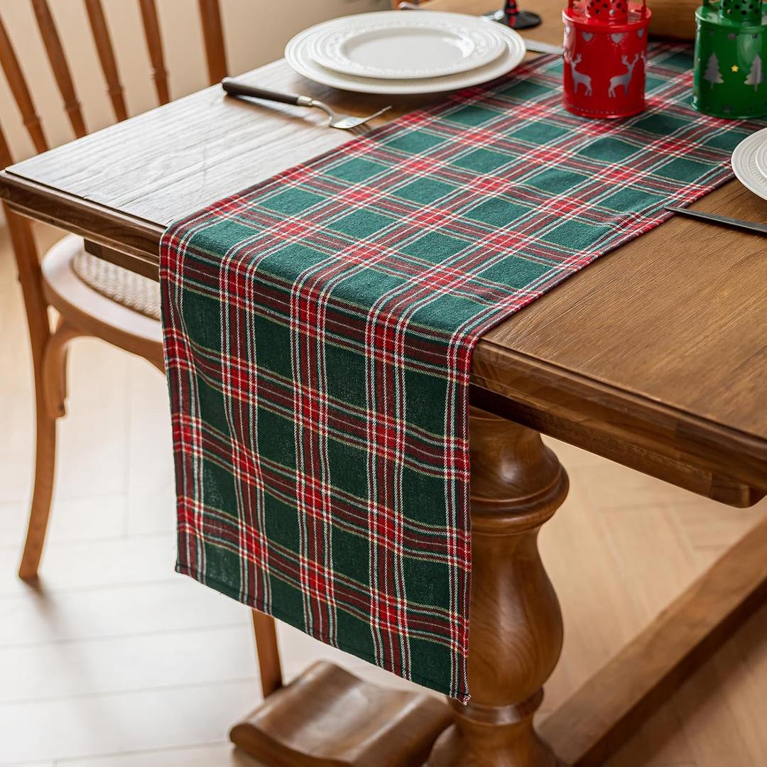 Joyfol Day 13x60 Inch Green Tartan Christmas Table Runner - Stain Resistant & Washable, Holiday Decor for Xmas, New Year's, Winter Dining