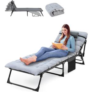 Sportneer Sleeping Cots for Adults: 5-Angle Adjustable Folding Bed with Thick Mattress - 450lbs Max Load Padded Camping Cot with Easy Setup & Takedown for Outdoor Travel Sleep Over, Size 76''x27''