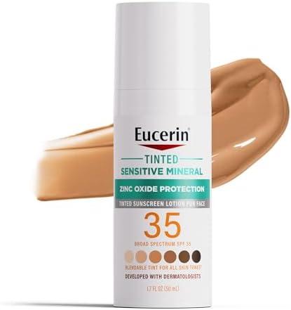 Eucerin Sun Tinted Sensitive Mineral Face Sunscreen Lotion SPF 35, Non-Comedogenic Mineral Sunscreen with Gentle Zinc Oxide Protection for Sensitive Skin, 1.7 Fl Oz Bottle Exp 06/2027