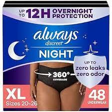 Always Discreet Adult Incontinence Overnight Underwear for Women, XL, Up to 100% Bladder Leak Protection, 48 Count (3 Packs of 16)