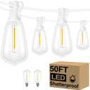 Brightever 50FT Outdoor String Lights Weatherproof, Patio Lights with 25+2 ST38 Edison Shatterproof Bulbs, Commercial Grade Warm White LED String Lights Decorative for Christmas, Wedding, Party, White