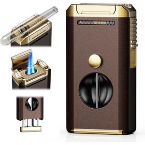 All-in-one Torch Lighter with Holder, Pop Out Cutter, and Dual Jet Flame, Gifts for Men, Multi-Functional Lighter Accessories, Adjustable & Windproof Flame, Refillable Butane Lighter for Travel (Brown and Gold)