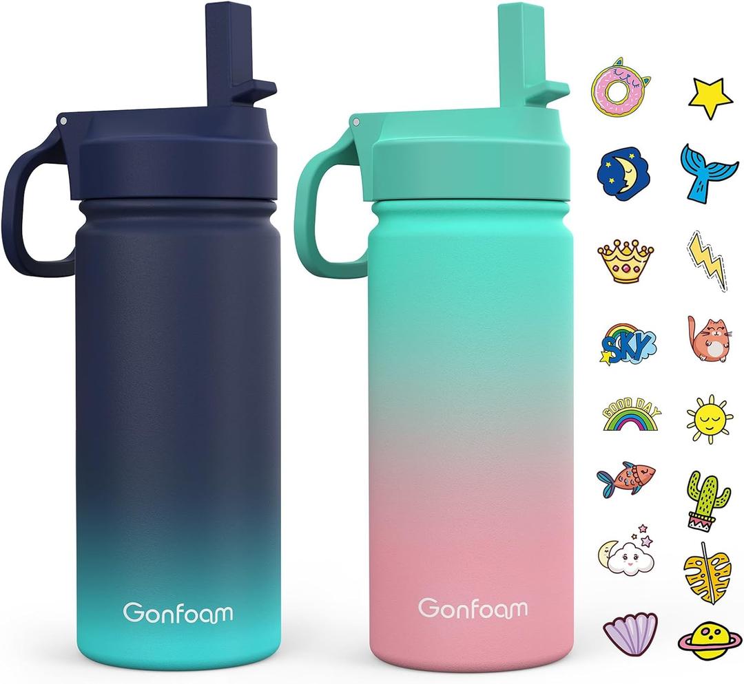 Kids Water Bottle, 2-Pack 16oz Water Bottles with Stickers and Straw, Stainless Steel Vacuum Insulated cup, Kids Water Bottle for School, Gifts for Boys and Girls(Blue/ Green)