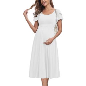 Ruffle Short Sleeve Maternity Dress High Waisted Midi Spring Baby Shower Dresses (X-Large, White)