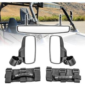 WSays 15" Wide Center View Mirror for 2" roll Bar & UTV Right Left Side Mirrors with 1.5"-2" Adjustable Clamp & Grab Handle Set Compatible with Can-Am Polaris UTV Fit Honda Talon Fit Kawasaki Kubota