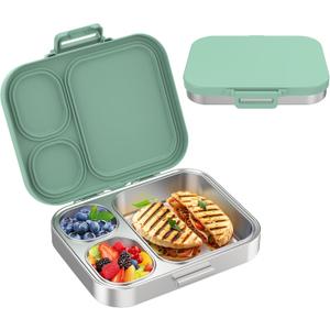 Stainless Steel Bento Lunch Box for Kids | 3-Compartment Lunch Box Container Kids | 100% Leakproof, Eco-Friendly, Perfect Portion Control for Kids&Adult Healthy Meals (Green)