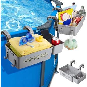 2 Pack Poolside Storage Basket, Above Ground Hanging Pool Storage Basket with Cup Holders Hooks for Towels, Pool Accessories for Most Above Ground Pool, Grey