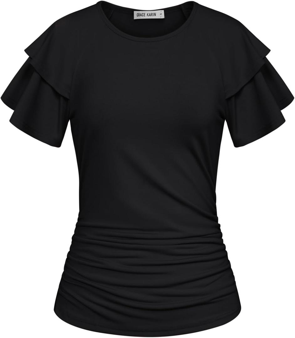 GRACE KARIN Summer Tops for Women Dressy Casual, Ruffle Short Sleeve Work Shirt, 2026 Spring Trendy Ruched Business Blouses, Black, Small