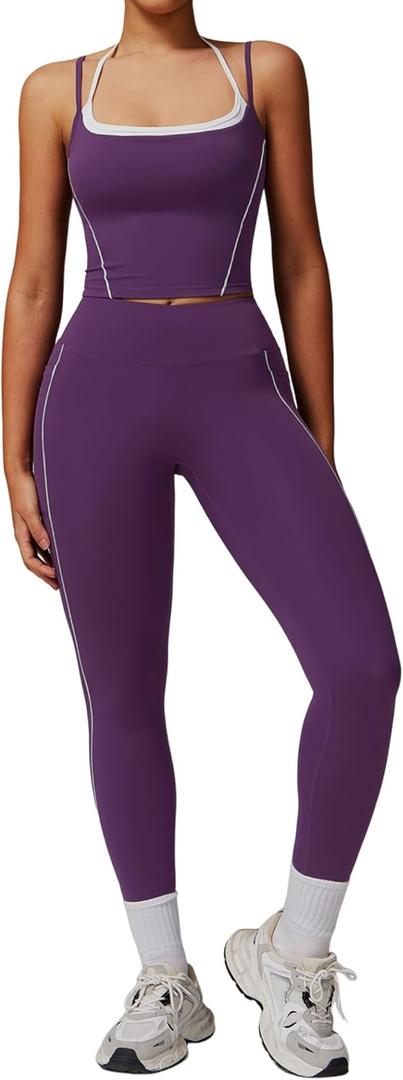 Womens Workout Sets Two Piece Spaghetti Straps Tank Top Matching High Waist Leggings Gym Work Out Outfits with Pockets (Small, Purple)