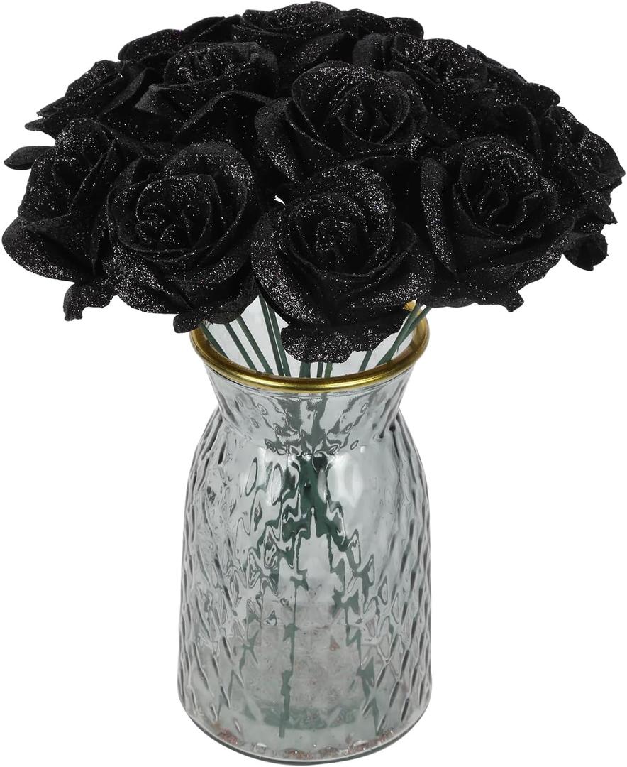 Black Glitter Roses,30PCS Fake Roses Flowers Artificial Roses with Stems for DIY Crafts Wedding Bouquet Party Home Decor(Black)