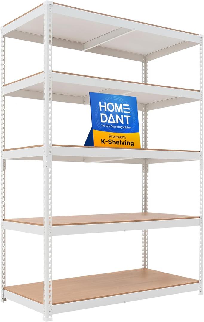 HOMEDANT 47.7" W Deep 5 Tier Heavy Duty Garage Shelving Adjustable Metal Rack Storage Shelves Standing Shelf Unit Organizers Industrial Warehouse Basement White 1Pack, 47.7"W x 24.1"D