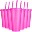 Hooqict 7 Pack Reusable Cups with Lids and Straws 24 oz Glitter Plastic Tumbler Water Iced Coffee Travel Mugs Hot Pink Party Favor Cups for Smoothie Juice Beach Birthday Bachelor Girls Princess Party