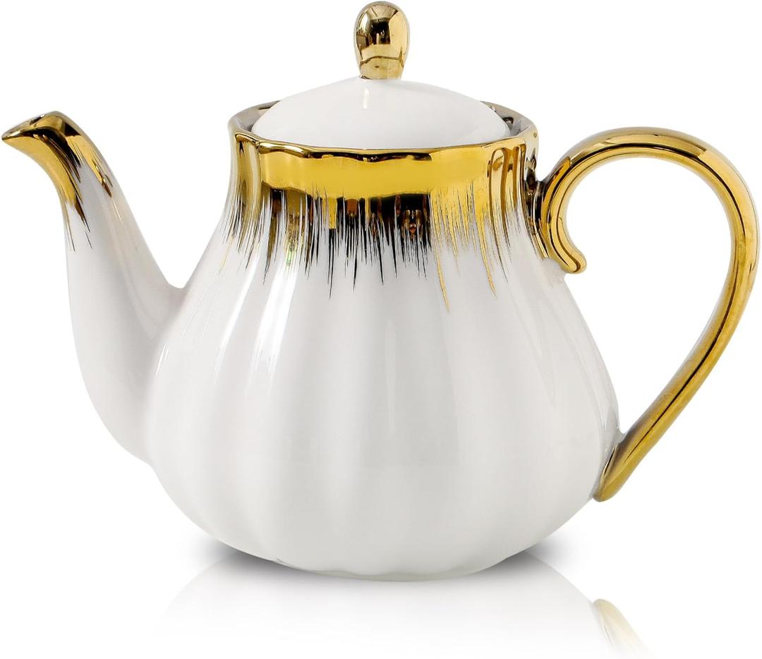 Ceramic Teapot, Ceramic Tea Pot with Removable Stainless Steel Infuser White Teapots with Gold Trim, Floral Teapot, Tea Kettles for loose leaf tea and tea bags, Coffee(30oz)