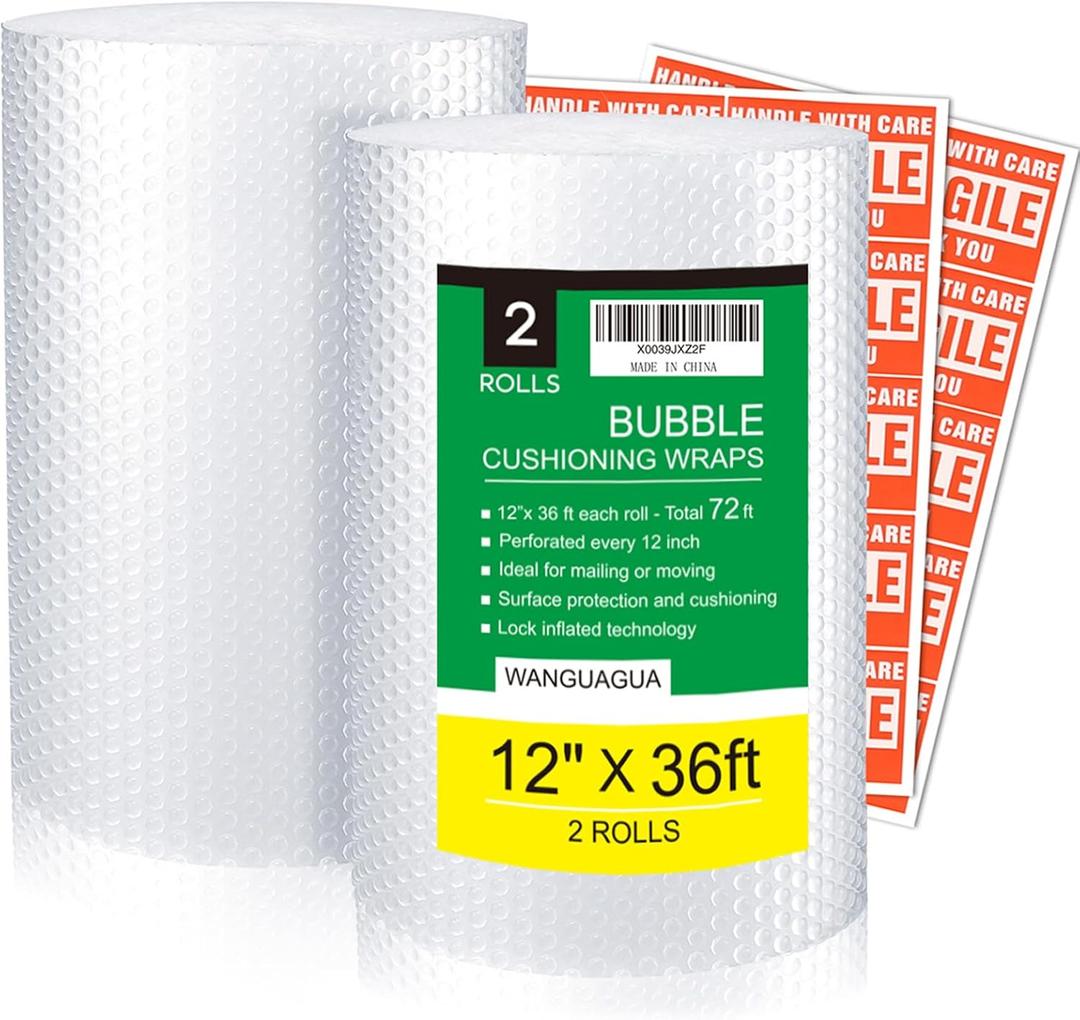 Wanguagua 2 Pack 12 Inch x 72 ft Total Bubble Packing Wrap for Moving Boxes Shipping Cushioning Supplies Perforated Every 12