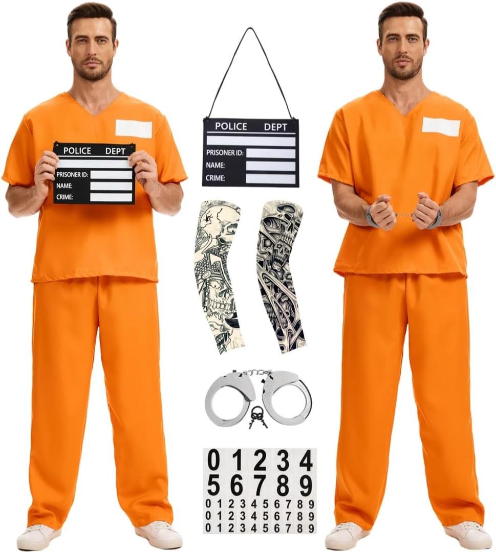 Prisoner Costume Men Orange Prisoner Jumpsuit for Halloween Costume Prison Inmate Outfit Jail Uniform (XX-Large, Short Sleeve)