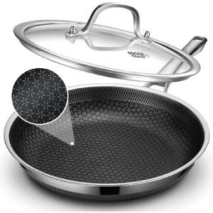 Frying Pan with Lid, 10 Inch Hybrid Non Stick Stainless Steel Skillets, Dishwasher Induction Oven Broiler Safe, Non Toxic Chef's Pan, PFOA Free Cookware