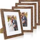 Hongkee 8x10 Picture Frame Set of 4, Made of Real Glass and Rustic Brown Wooden Frame, 8 by 10 Photo for Wall or Tabletop - Display Picture 5x7 with Mat or 8x10 Without Mat