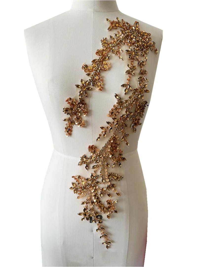 Handmade Shining Acrylic Rhinestones on lace Applique Sewing Beads Stones Trim Patches Accessories for Wedding Dress (Gold)