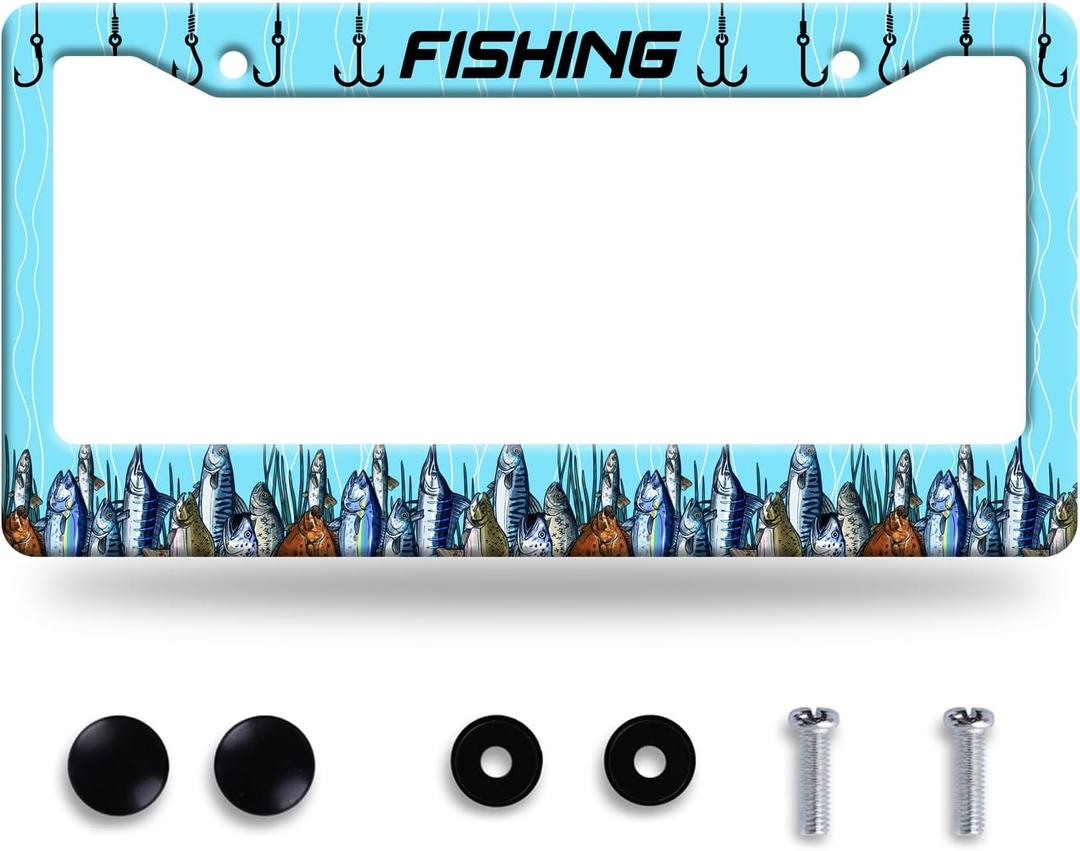 Fishing License Plate Frame Funny Fish License Plate Frames Stainless Steel Accessories Cars Decor with 2 Holes and Screws Fits Standard Us Ca Vehicles License Plate Holder 12.2 X 6 Inch